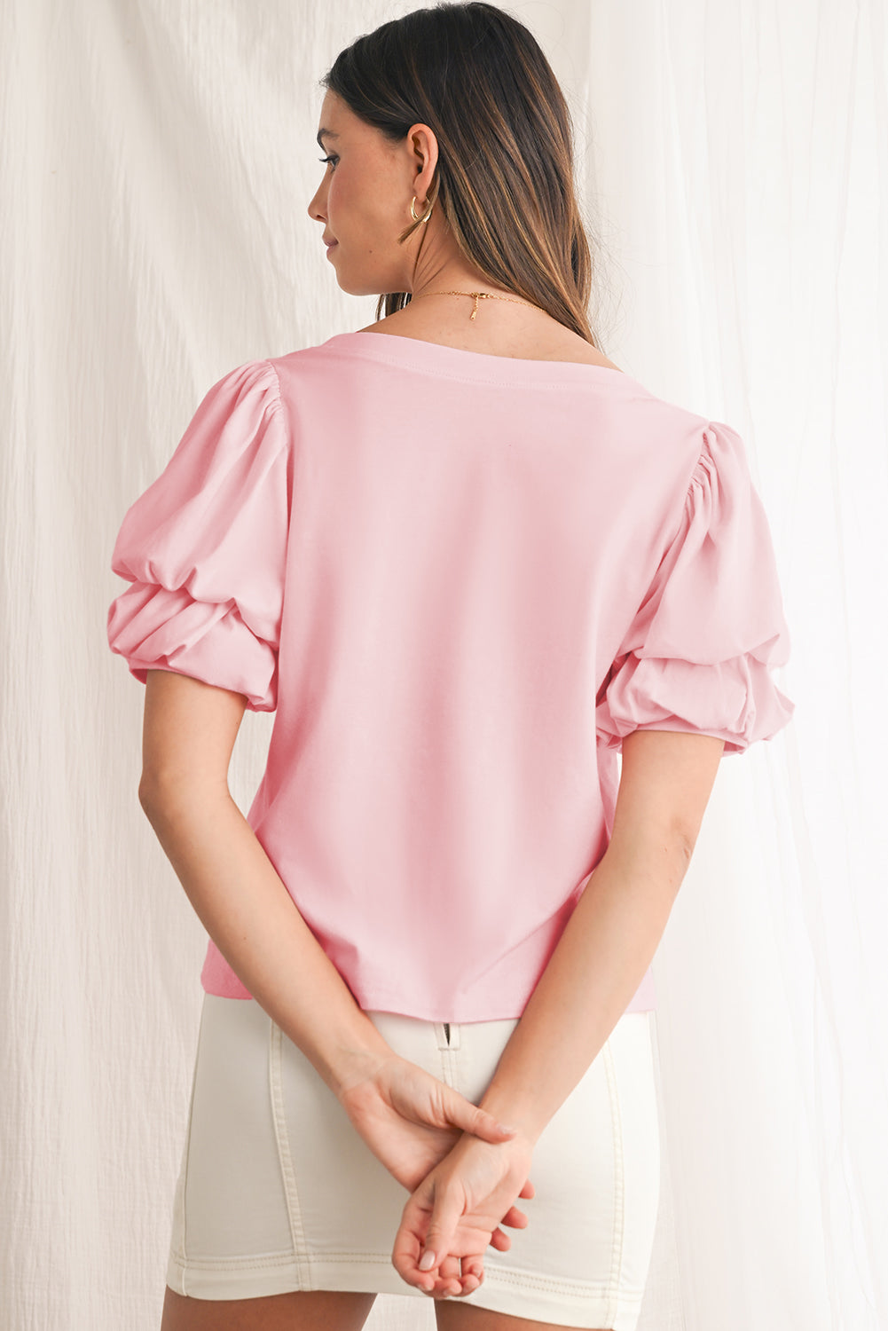 Light Pink Scoop Neck Puff Sleeve Blouse