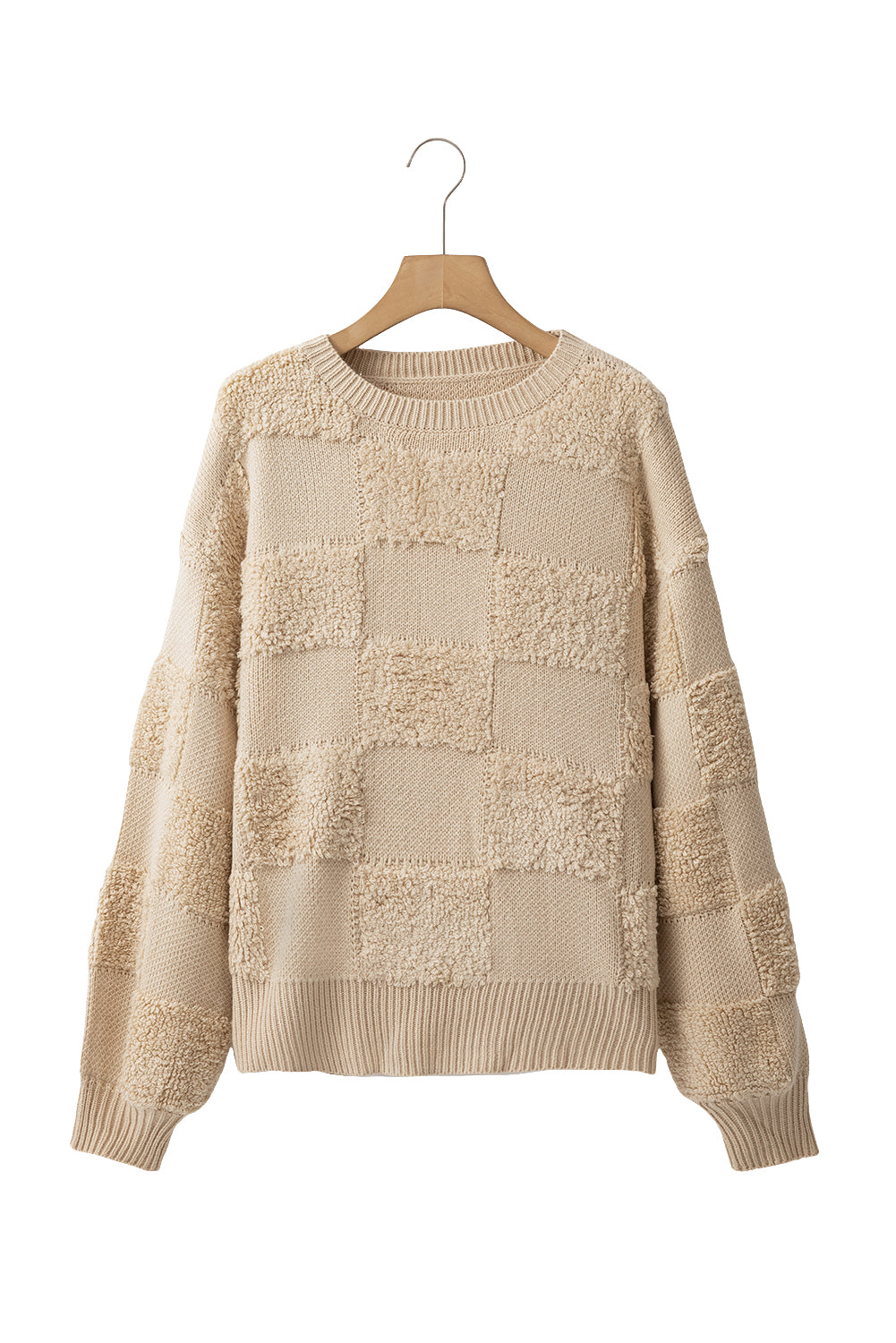 Parchment Checkered Sherpa Crew Neck Loose Sweater