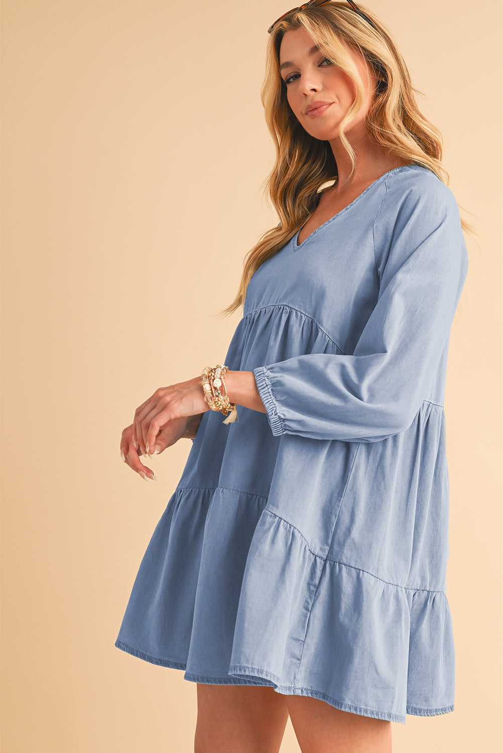 Beau Blue Puff Sleeve V Neck Tiered Ruffled Chambray Mini Dress